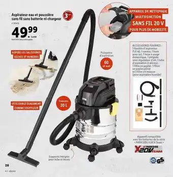 Lidl Aspirateur Eau Et Poussière Sans Fil Sans Batterie Ni Chargeur X20v Team offre