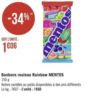 Géant Casino Mentos bonbons rouleau rainbow offre