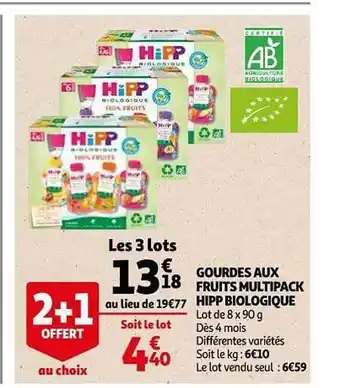 Auchan Gourdes Aux Fruits Multipack Hipp Biologique 2+1 Offert Aux Choix offre