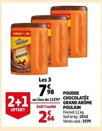 Auchan Poudre Chocolatée Grand Arôme Poulain 2+1 Offert offre