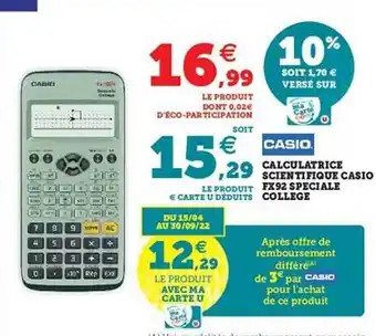 Hyper U Calculatrice Scientifuqe Casio Fx92 Speicale College offre