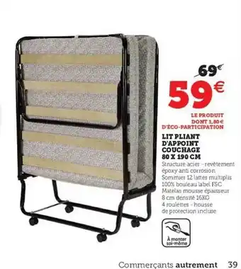 Hyper U Lit Pliant D'appint Couchage 80x190 Cm offre