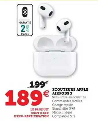 Hyper U écouteurs Apple Airpods 3 offre