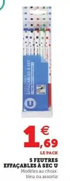 Hyper U 5 Feutres Effaçables à Sec U offre