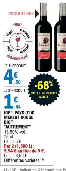 E.Leclerc Express Igp Pays D'oc Merlot Rouge Bio offre