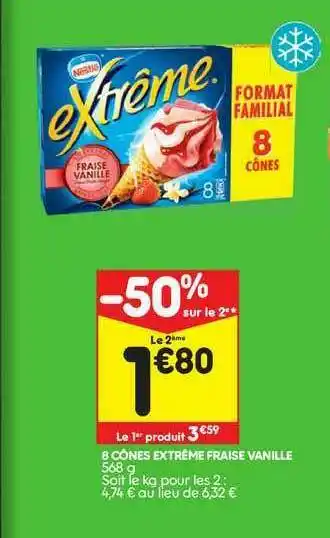 Leader Price 8 Cônes Extrême Fraise Vanille offre