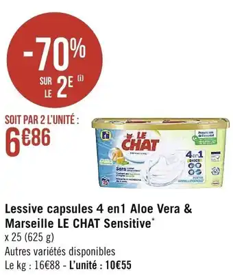 Casino Supermarchés LE CHAT SENSITIVE lessive capsules 4 en 1 aloe vera & marseille offre