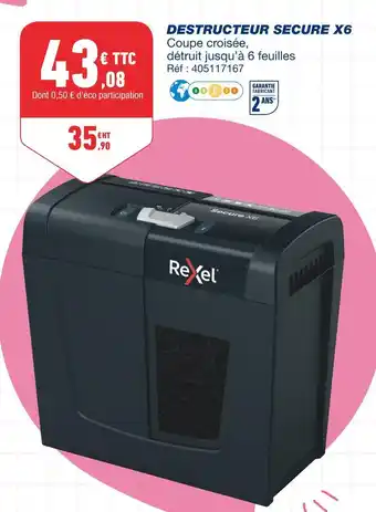 Bureau Vallée Rexel destructeur secure x6 offre