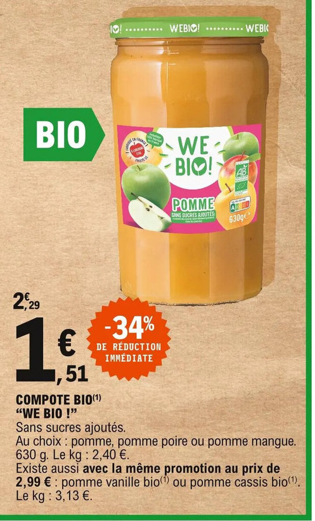 Promo Compote Bio "We Bio 1" chez E.Leclerc