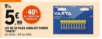 E.Leclerc Lot De 20 Piles Longlife Power "Varta" offre