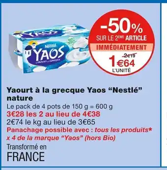Monoprix Yaourt À La Grecque Yaos "Nestlé" Nature offre