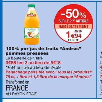 Monoprix 100% Pur Jus De Fruits "Andros" Pommes Pressées offre