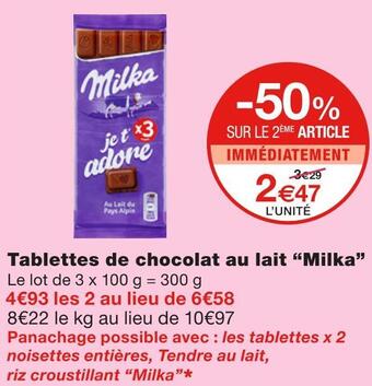 Monoprix Milka tablettes de chocolat au lait offre