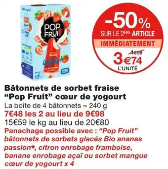 Monoprix Pop fruit bâtonnets de sorbet fraise cœur de yogourt offre