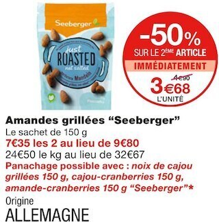 Monoprix Seeberger amandes grillées offre