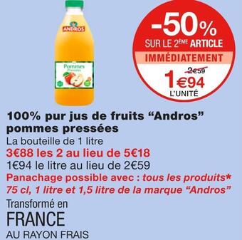 Monoprix Andros 100% pur jus de fruits pommes pressées offre