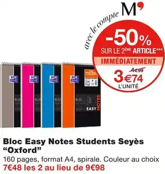 Monoprix Oxford bloc easy notes students seyès offre