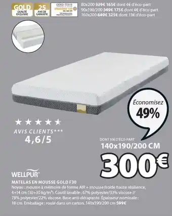 JYSK WELLPUR matelas en mousse gold F30 offre