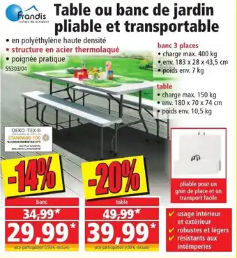 Norma Table ou banc de jardin pliable et transportable offre