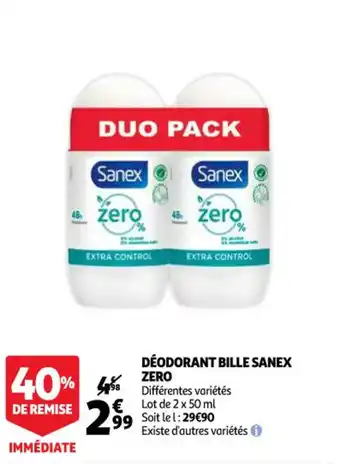 Auchan Déodorant bille sanex zero offre
