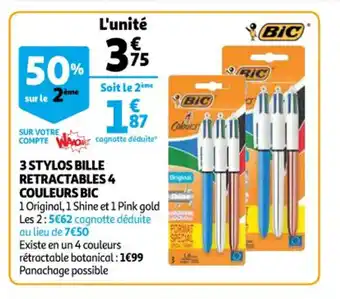 Auchan 3 stylos bille retractables 4 couleurs bic offre