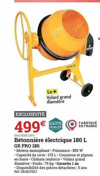 Espace emeraude Bétonnière électrique 180l Gr Pro 180 offre