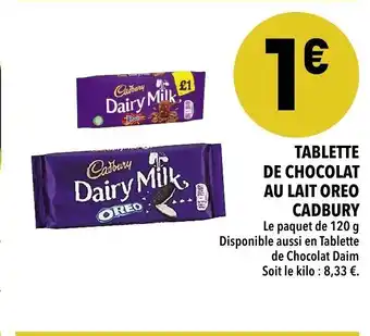 Tablette de chocolat au lait oreo Cadbury