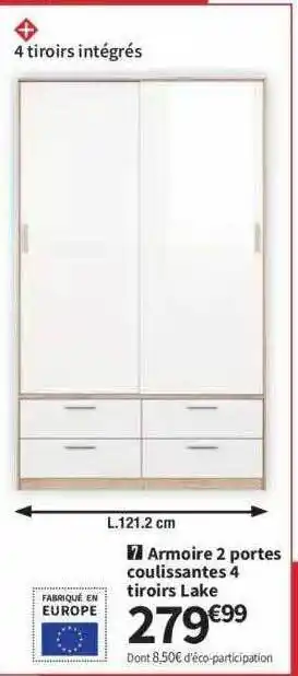 Conforama Armoire 2 Portes Coulissantes 4 Tiroirs Lake offre
