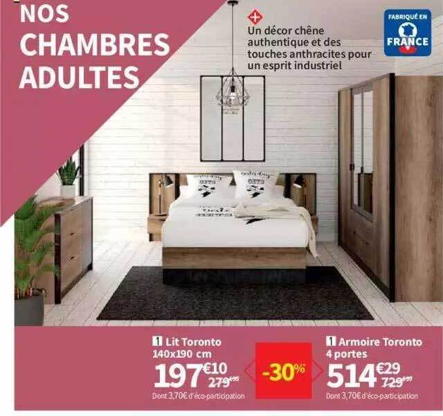 Promo Lit Toronto, Armoire Toronto 4 Portes chez Conforama