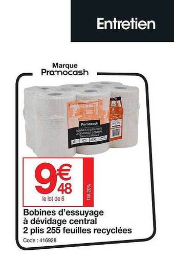 Promocash Bobines D'essuyage à Dévidage Central 2 Plis 255 Feuilles Recyclées offre