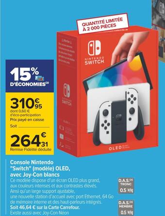 Carrefour Console nintendo switch (modèle) oled, avec joy-con blancs offre