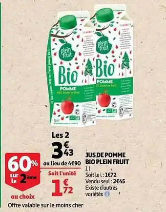 Auchan Jus de pomme bio plein fruit offre
