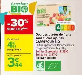 Carrefour Gourdes purées de fruits sans sucres ajoutés carrefour bio offre