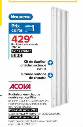 Castorama Acova radiateur eau chaude double vertical filin offre