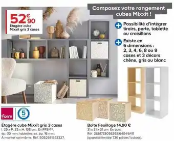 Castorama Form étagère cube mixxit gris 3 cases ou boite feuillage offre