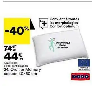 BUT Oreiller memory cocoon 40 x 60 cm dodo offre