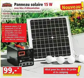 Norma Mauk panneau solaire 15 w avec bloc d'alimentation offre