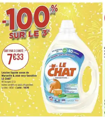 Casino Supermarchés Le Chat Lessive Liquide Savon de Marseille & Aloé Vera Sensitive offre