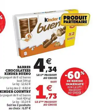 U Express Barres Chocolatées Kinder Bueno, Kinder Country offre