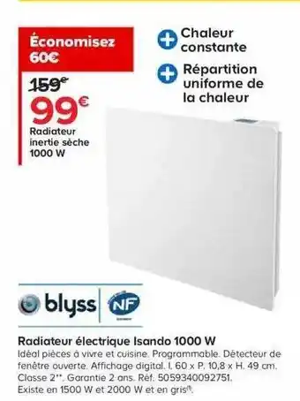 Blyss radiateur électrique isando 1000 w