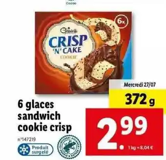 Lidl 6 glaces sandwich cookie crisp offre