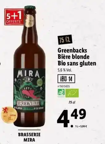 Lidl Greenbacks bière blonde bio sans gluten offre