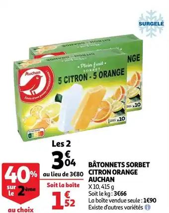 Auchan Auchan bâtonnets sorbet citron orange offre