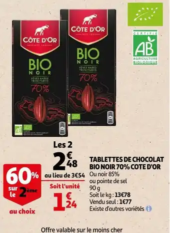 Auchan Cote d'or tablettes de chocolat bio noir 70% offre