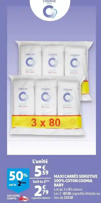 Auchan Cosmia baby maxi carrés sensitive 100% coton offre
