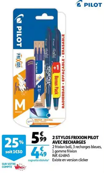 Auchan Pilot 2 stylos frixion avec recharges offre