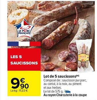 Carrefour Lot de 5 saucissons offre