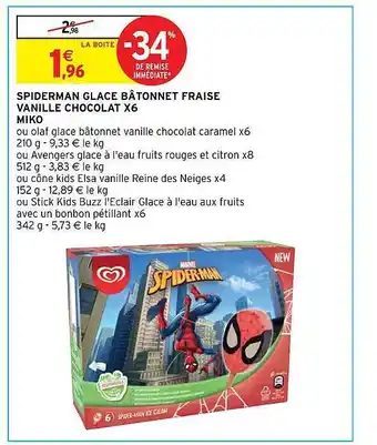 Intermarché Hyper Spiderman glacé bâtonnet fraise vanille chocolat x 6 mikko offre