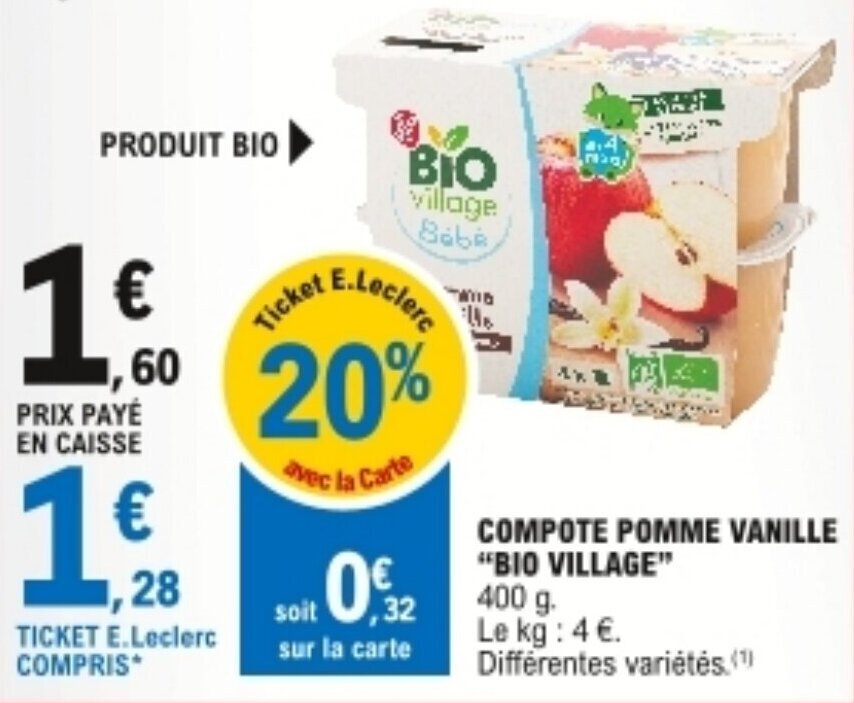 Promo "BIO VILLAGE" compote pomme vanille chez E.Leclerc
