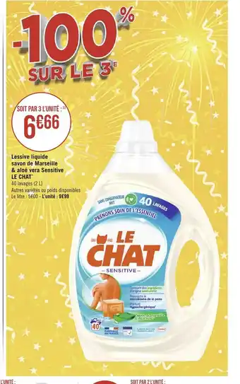 Géant Casino Le Chat Lessive Liquide Savon de Marseille & Aloé Vera Sensitive offre